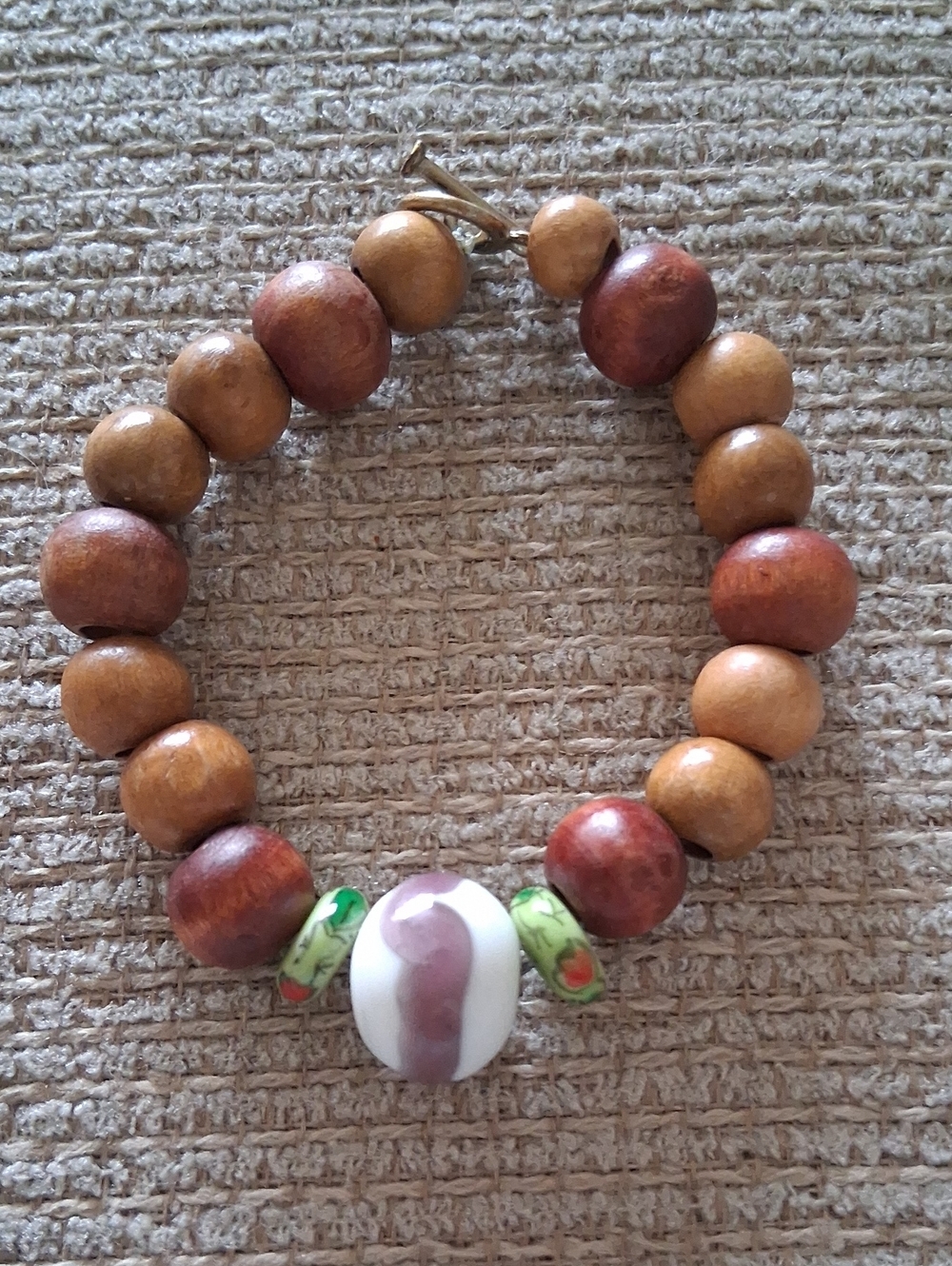 Handmade Wooden Bead Bracelet with White & Green Accent Beads